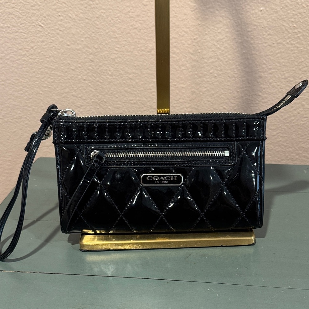 Coach Glossy Black Patent Quilted Leather wristlet